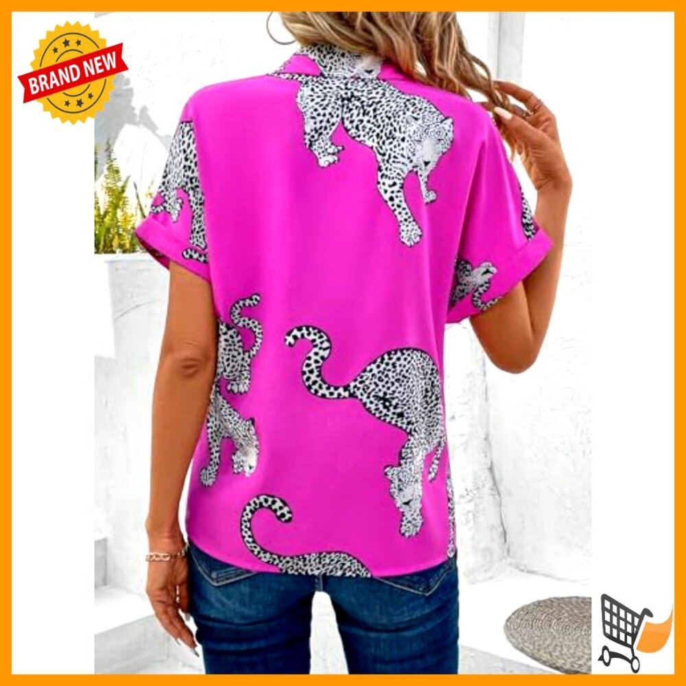 Leopard Print Button Down Blouse Short Sleeve Col… - image 2